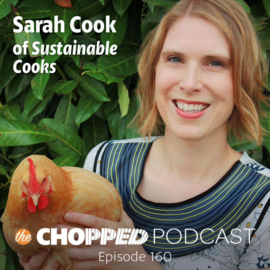 A photo of Sarah Cook holding a chicken with the text Sarah Cook of Sustainable Cooks.