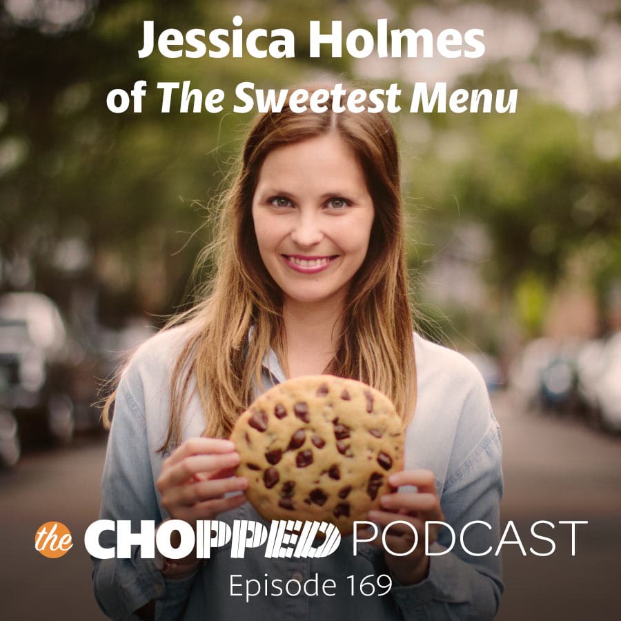 A photo of Jessica Holmes holding a cookie with text indicating she's a guest on the Chopped Podcast.
