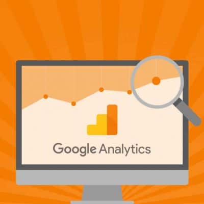 Illustration of a desktop computer with the Google Analytics logo and a bright orange background