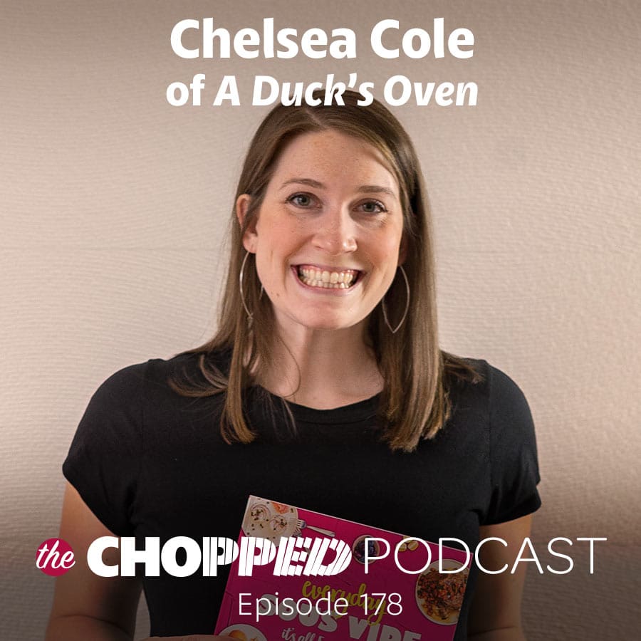 A photo of Chelsea Cole with the text on the photo "Chelsea Cole of a Duck's Oven." on the Chopped Podcast.