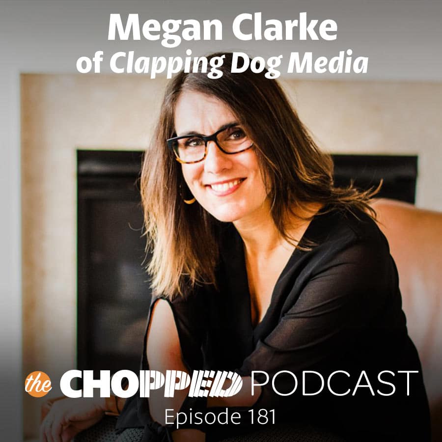 A woman sitting in a brown chair. This text reads on the image: Megan Clarke of Clapping Dog Media.