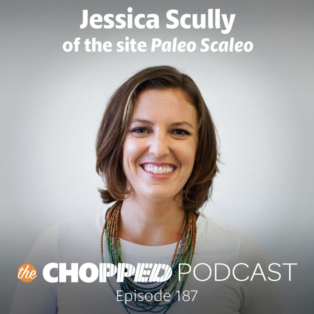A photo of Jessica Scully has text on it indicating she's the next guest on the Chopped Podcast.