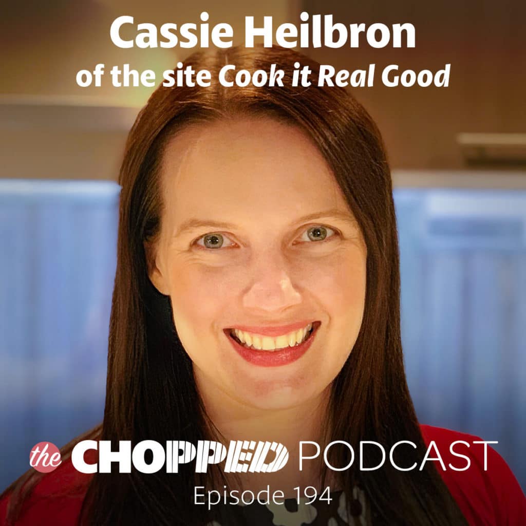 A photo of Cassie Heilbron has text indicating she's the next guest on the Chopped Podcast. 