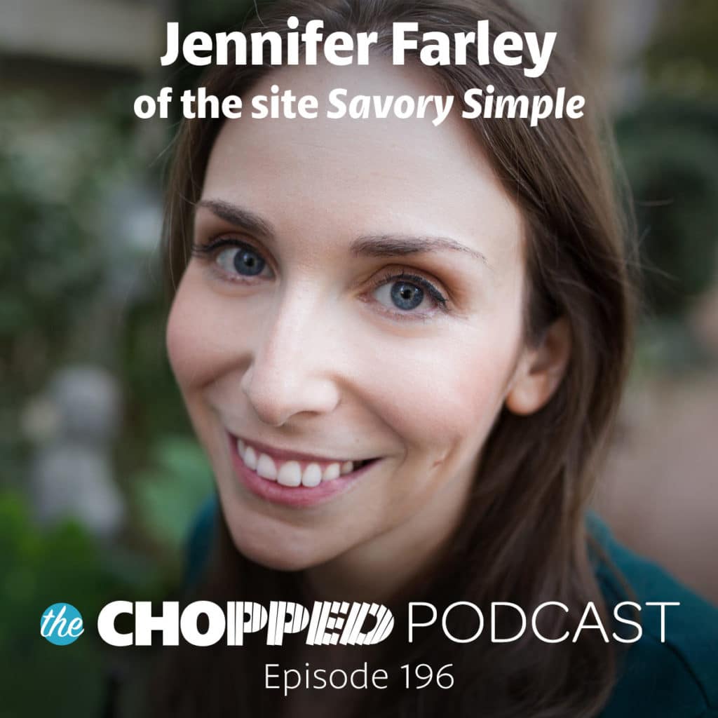 A photo of Jennifer Farley has text indicating she's the next guest on the Chopped Podcast.